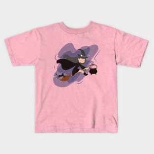 Kawaii Witch Flying in the moonlight With Her Black Cat and Cauldron Kids T-Shirt